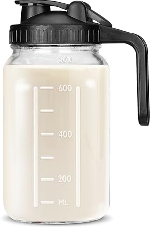 UYEIKMLOP Bocaux Mason de 950 ml avec couvercle, pichet en verre double anti-fuite avec poignée à bec verseur, pichet à large ouverture pour lait maternel pour réfrigérateur, récipient à crème pour