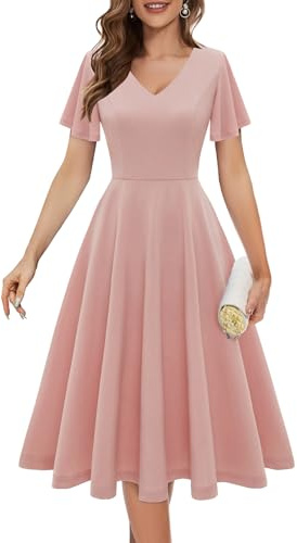 Bridesmay bröllop gästklänningar 2025 kortärmad blygsam A-linje midi kyrka te festklänning, Rouge, 3XL