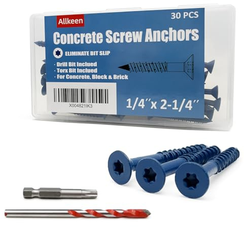 Allkeen 1/4 x 2-1/4 Concrete Screws, Anchoring to Masonry, Brick, Block, Cement or Stucco, 30PCS