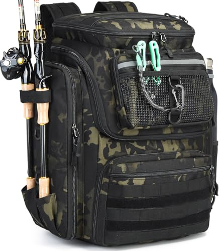 BlesMaller Sac à Dos de Pêche avec Porte-Canne 45L Large Résistant à l'eau Sac de Rangement pour Accessoires de Pêche pour la Randonnée, Camping, Trekking, Sport de Plein Air (Type A - sans Boîte)