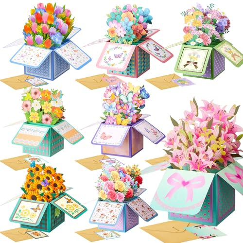 Trandraft 8 Sets 3D Flower Pop Up Cards Mother's Day Pop Up Flower Bouquet Greeting Card Bulk, Handmade Paper Floral Cards for Women, Birthday, Anniversary, Thank You, Congratulations Gifts