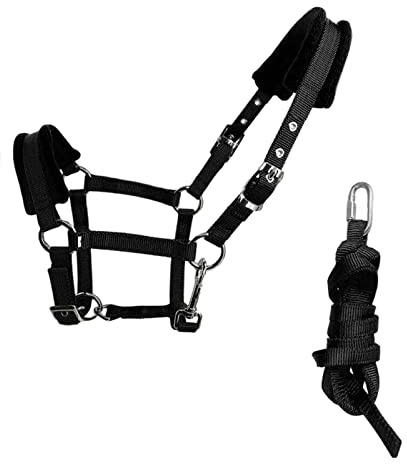 Cavalletto per cavalli, briglia, redine, capestra, taglia L, nero, con corda per cavallo