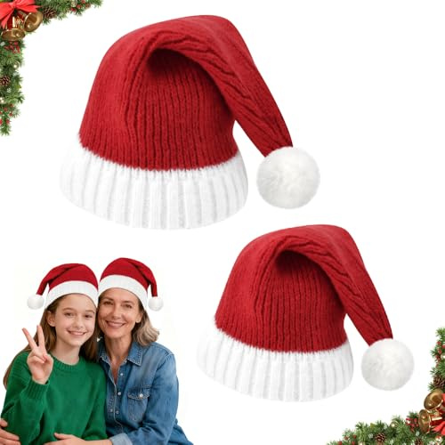 VGECEE 2 Pz Cappello Babbo Natale con 1 Cappello di Natale per Neonato e 1 Cappelli Natali Coordinato per la Madre e Il Bambino, Cappelli di Natali Lavorato a Maglia con Pompon Christmas Beanie Unisex