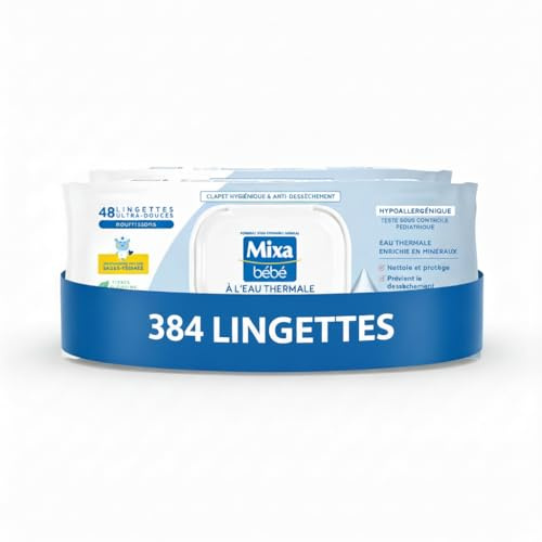 Mixa Lingettes Bébé à L'eau Thermale, Lot de 8 x 48 Lingettes : Hypoallergéniques, Nettoient en Douceur