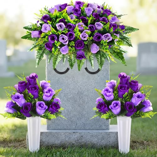 Janinka 3 Pcs Artificial Cemetery Flower Set 1 Headstone Flower Saddle 2 Cemetery Flowers with Vase for Grave Easter Memorial Rose Bouquet for Spring Outdoor Gravesite Decor(Dark Purple, Light Purple)