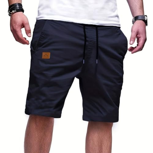 PrimeCrest Pantalones Cortos Hombre Casual Bermudas Verano Chino Algodon con Bolsillos Ligero Transpirables Deporte Gym con Cordones Elásticas Ajustable Cintura Shorts Azul 0scuro XL