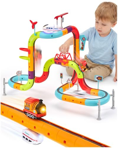 hahaland 64PCS 3D Electric Train Set for Kids Ages 3-8