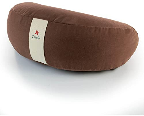 Zafuki, Zafu meditación media luna desenfundable, MARRÓN, cojín yoga, tejido 100% algodón, relleno cáscara espelta ecológica