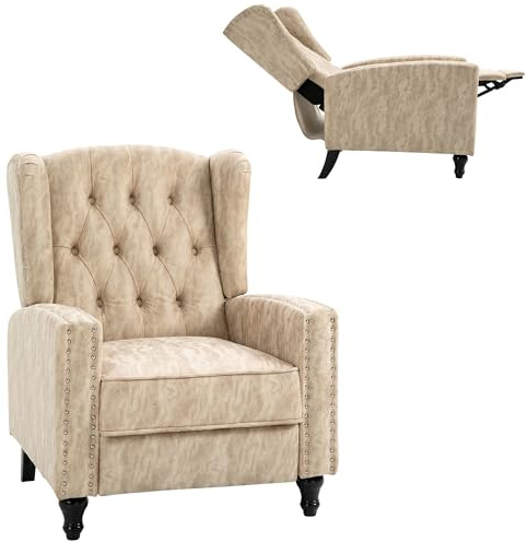 HOMCOM Manual Reclining Armchair with Footrest, Marble Effect Vintage Recliner Chair with Nail Head Trim, Button Tufted Wing Back and Wood Legs, Beige
