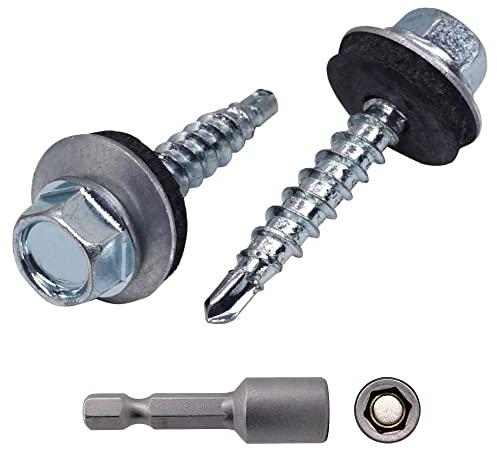 Confezione da 80 viti autofilettanti in acciaio zincato DIN 7504-K da 4,8 mm x 28 mm, testa esagonale con rondelle EPDM, viti per lamiera autofilettanti (80 pezzi da 4,8 x 28 mm)