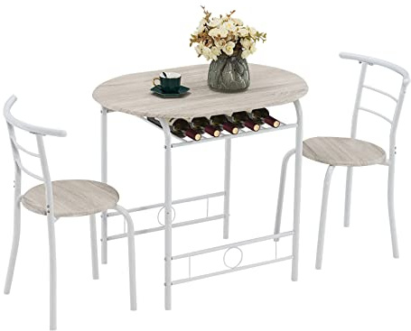 Bonnlo Dining Table and Chairs Set of 2 Small Dining Table Compact 3 Piece Breakfast Biestro Table Set with Storage Shelf White Oak Wood Finish with Metal Frame