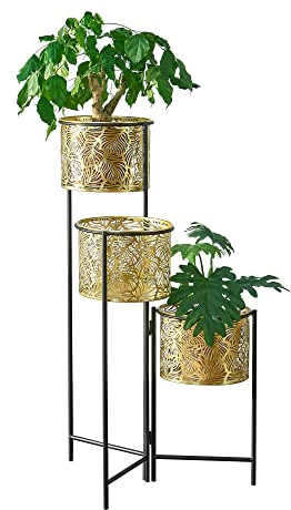 [en.casa] Pflanzständer 'Verrebroek' mit 3 Pflanztöpfen Zusammenklappbar Blumenständer-Set Pflanztopfhalter Pflanzhalter Platzsparend Metall Schwarz Messingfarben