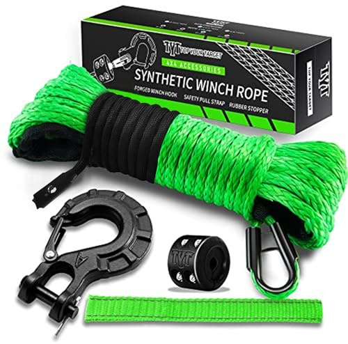 TYT Synthetic Winch Rope Kit - 1/4'' x 50' with 10000 lbs Strength, Protective Sleeve, Heavy Duty Hook, Rubber Stopper, & Safety Pull Strap for Off-Road 4x4 Vehicles (Green) (JPS1450OG)