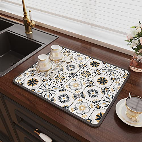 NeuWee Tappetino Scolapiatti, Scolapiatti da Lavello Super Assorbente, Antiscivolo Resistente al Calore Tappetino per Asciugare i Piatti, Tappetino per Macchina da Caffè, 40x50cm (Navy+Giallo Stampa)