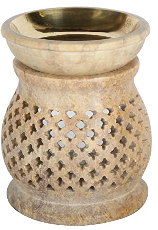 Casa Moro Orientalische Duftlampe NAMASTE BEIGE aus Naturstein Soapstone geschnitzt 10x10x11 cm (B/T/H) mit Metall-Schale ätherisches Öl Diffusor, Teelicht-Halter für Aromatherapie, Aroma-Lampe | SL20