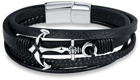 INFINIONLY Bracciale in Pelle Nera Intrecciata Multistrato con Ancora per Uomo Adolescenti Bracciali Creativa con Fibbie in Acciaio Inossidabile Moda Gioielli