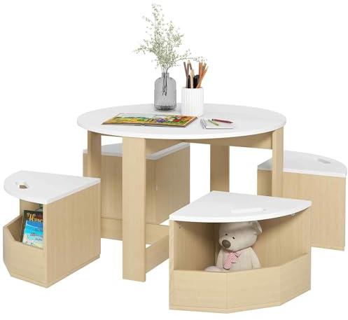 Qaba Toddler Table and Chairs Set, 5 Pieces Round Kids Activity Table with Storage for Play, Art, Craft, Drawing, Playroom, Classroom, Nursery, White