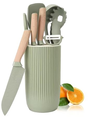 Set di 10 utensili da cucina, 10 coltelli antiaderenti in acciaio inox e spatole da cucina in silicone con supporto, manico ergonomico in legno (verde)