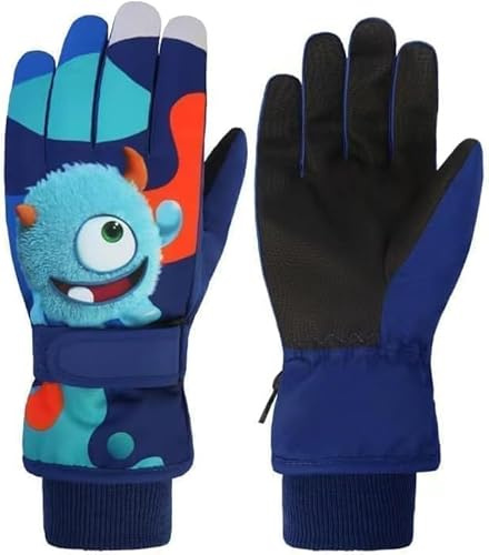 HNGEMSY Handskar barn vinter snöhandskar skidhandskar för 2–13 år flickor pojkar PU palm vattentäta vindtäta varma fleece vinterhandskar (kungsblå-liten kobold, M)