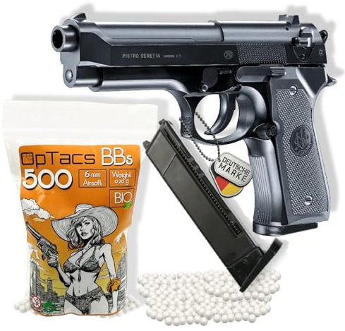 Set Beretta MOD. 92 FS Softair Pistole 0,5 Joule Airsoft inkl. 600 Bio BB's & Magazin - Air Soft Waffe mit Metallschlitten