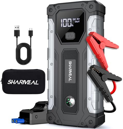 Sharmeal Booster Batterie Voiture 8000A, Démarreur Batterie Voiture Portable(Tout Essence ou 10L Diesel), 12V Jump Starter, Pinces de Sûreté Intelligentes, Grand Écran LCD, 400 Lumière LED 3 Modes