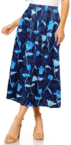 L S U Women Floral Print Skirt Soft Lightweight Elasticated Waist (S, M, BLU Leaf)