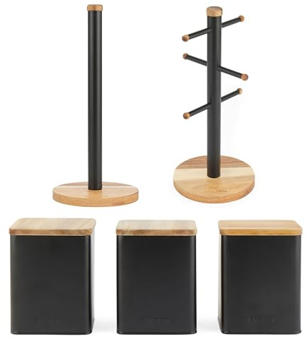 Salter Toronto 5-Piece Countertop Set – Includes Mug Tree Stand, Kitchen Roll Holder & 3-Piece Canister Set, Power Coated Matt Finish, Acacia Wood, Tea, Coffee, Sugar Storage Containers, Freestanding