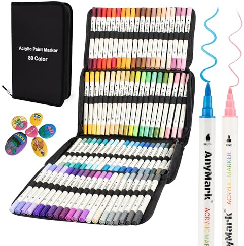 AnyMark Set di 80 Pennarelli a Pittura Acrilica e Penne per Nail Art, Doppia Punta Asciugatura Rapida, Pennarelli Acrilici per Decorazione Unghie DIY, Disegno, Pittura, Colorazione