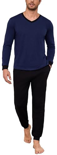 Bresdk Pijama Hombre Invierno Algodon Camiseta de Manga Larga Pantalón de Pijama Largo 2 Pieza Suave L Azul Negro