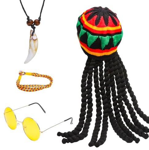 KQDRAVINE 4 stycken mössa rasta dreadlocks, rasta-peruk, jamaicansk stil roliga mössor med dreadlocks peruk, hårmössa, rolig kostym, maskerad kostymtillbehör för cosplay