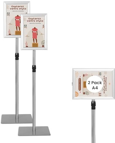 GIANTEX Porte-affiche sur Pied A4, Lot de 2 Présentoirs avec Rotation à 360°, Hauteur Réglable 74-118 cm, Base Lestée, Panneau d’Affichage pour Menu, Mariage, Restaurant (Argent, 2)