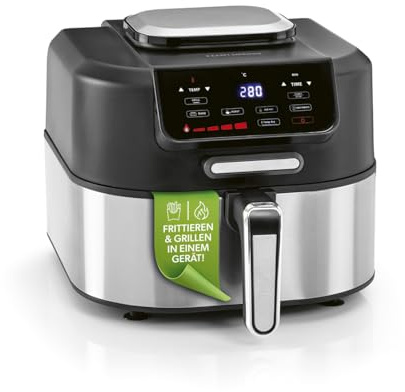 GOURMETmaxx Heißluftfritteuse FryBBQ | Airfryer mit Ober-/Unterhitze | 5 L Multikocher Heissluftfritteuse mit 5 Modi inkl. Dörren | 2in1: Fritteuse & Grill – mit Aludruckguss-Rost & Grillthermometer