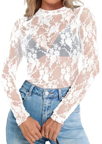 Elesomo Womens Lace Top Short/Long Sleeve Mesh Shirt Blouse | mesh top, sheer top, going out top, date night outfit