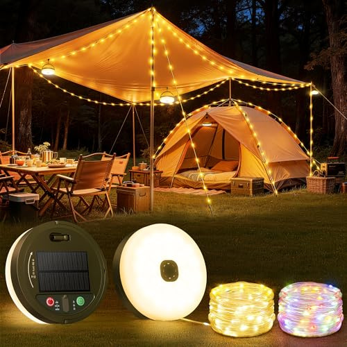 Guirnalda Luz Camping Retráctiles, Portátil 3 en 1 Guirnaldas Luces Exterior 10M, 13 Modos Iluminación, LED Lampara Camping Recargable por Solar y USB Impermeable, para Jardín, Caravana y Senderismo