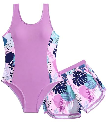 Fjquamitix 2 Piece Girls Swimming Costume with Shorts Sleeveless Removable Pads One Piece Costume Floral Print Quick Dry Swim Suit 5-14Y (UK, Age, 10 Years, 12 Years, Regular, Purple)