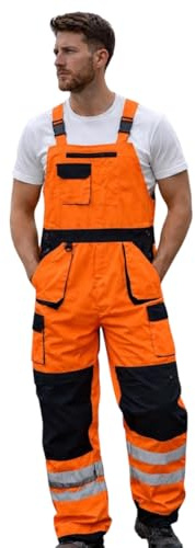 Hi Vis Bib and Brace Work Trousers for Men, High Visibility Reflective Safety Overalls with Adjustable Straps, Multiple Pockets & Reinforced Knees (UK, Alpha, L, Regular, Regular, Orange/Navy)