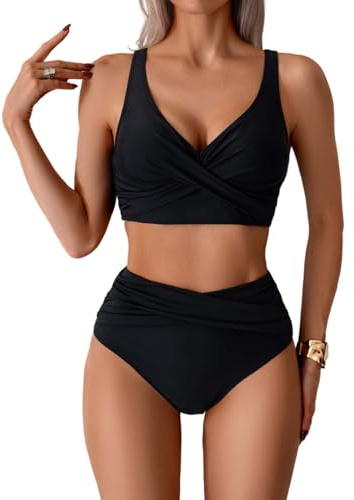 Amexo Bikini Mujer Conjunto Sexy Cintura Alta De 2 Piezas Push up Cuello en V Talle Alto Bañadore Traje de Baño Conjunto Bañador Control de Vientre de Cintura (FR/ES, Letras, XXL, Regular, Regular)