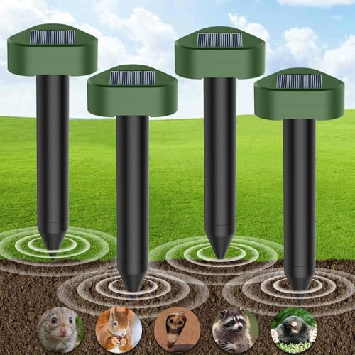 Solar Ultrasónico Ahuyentador de Topos 4 Piezas, Impermeable Repelente para Ratas Ultrasónico Solar Se Utiliza para Repeler Topos, Topillos, Serpientes y Lagartos Protege el Césped y Los Jardines