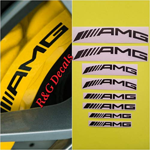 R & G AMG - Set di 8 adesivi combinati ad alta temperatura per pinza freno curva e dritta, con istruzioni (lingua italiana non garantita) e soluzione per la preparazione della superficie (nero, 4