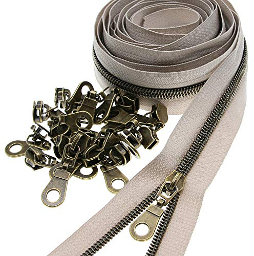 5# Metallische Nylonspulen-Reißverschlüsse 9.1m antikes Messing zähne Beige Band mit 25 Stück Schiebern für DIY Nähen Schneider Handwerk Tasche Leekayer