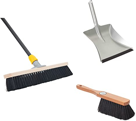 Novaliv Ensemble de balayette en crin de cheval - Pelle avec lèvre en caoutchouc - Balai de cour de 40 cm - Manche télescopique - Poils souples - Kit de balayage