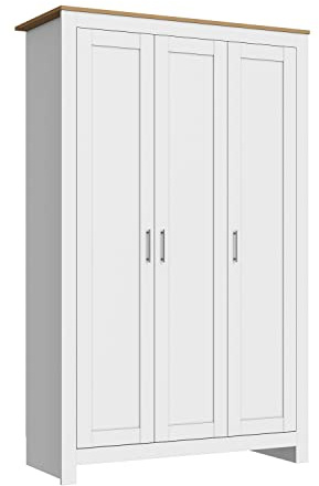 ELEGANT New Luxury 3 Doors Wardrobe with Hanging Rail Wooden Wardrobe for Blankets, Clothing and Quilt, 4 Shelves Storage, White/Oak