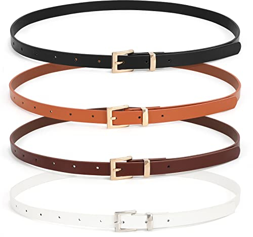 JasGood 4 Stück Damen Skinny Gürtel Dünner Leder Taillengürtel mit Legierungs Dornschnalle für Hosen Jeans Kleider, Schwarz/Braun/Kaffee/Weiß, 100cm