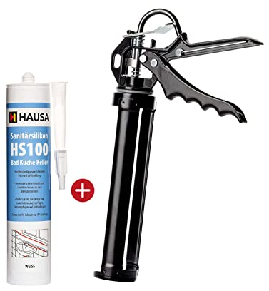 Sanitär-Silikon HS100 weiß 310ml + Kartuschenpistole PRO18 schimmelresistenter Silikon-Dichtstoff für Bad Dusche Küche + Kartuschenpresse 18:1 Übersetzung für 290-310ml Kartusche HAUSA