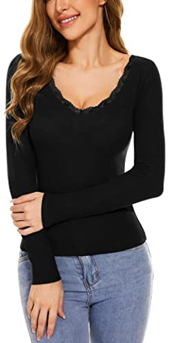 WOWENY T-Shirt Femme à Manches Longues en Tricot Dentelle Décontractée Tee Shirt Femme Élégante T Shirt Femmes col V à Manches Longues