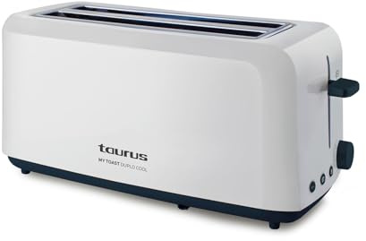 Taurus Mytoast Duplo Cool - Tostadora de pan 1450W, 2 ranuras extra largas y extra anchas, 6 niveles tostado, 3 funciones extra, sistema auto-centrado, bandeja recogemigas