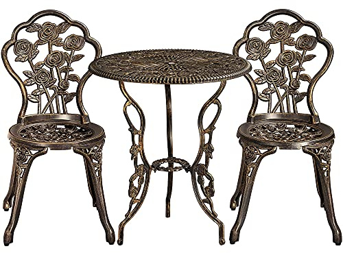 Yaheetech Set di Tavolo e Sedie da Giardino 3 Pezzi con 2 Sedie Bistrò Veranda Set Mobili Balcone Motivo a Rosa Vintage in Alluminio Bronzo