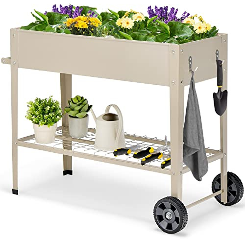COSTWAY Fioriera da Esterno, Fioriera Rialzata in Metallo con Ripiano, Ruote, Ganci e Impugnatura, Aiuola Rialzata da Giardino e Balcone per Ortaggi, Fiori e Piante Aromatiche (Bianco)