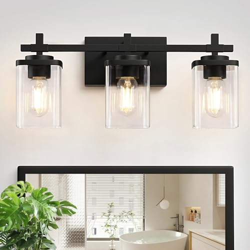 Spiglamm 3-Lights Bathroom Vanity Light Fixtures, Modern Black Vanity Lights Over Mirror with Clear Glass Shade for Bathroom, Wall Mounted Lamp for Bedroom Hallway Living Room
