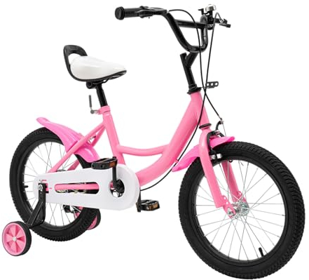 Jolre 16-Zoll-Kinderfahrrad, Freizeitfahrrad, Jungen-Mädchen-Fahrrad, höhenverstellbares Kinderfahrrad mit Ausgleichsrädern, höhenverstellbar mit abnehmbaren Stützrädern zum Fahren, rosa.